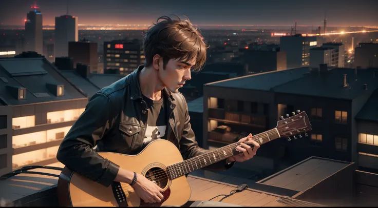 A man setting at roof, beer, guiter, city in the front