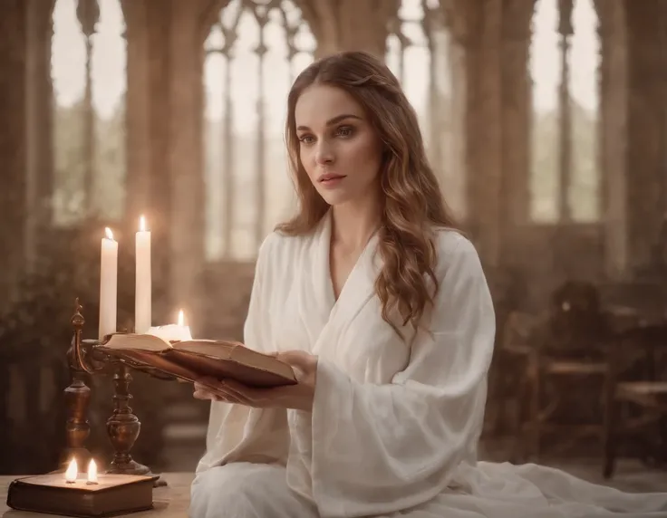 A beautiful and holy magical woman, looking forward in a white robe raising her hand, A circle of magic books scattered on the ground, Magic books and candles placed around, Seven mirrors at different angles just above, Gloomy picture, vision, Depth of fie...