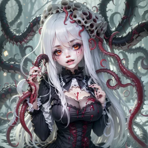 Masterpiece, Best quality, In winter, Night, outside, long whitr hair, blood in face, Large breasts, Gothic_Lolita, ojousama, BDSM, zombified，Zombie girl and tentacle fusion，Zombie Queen，Black tentacles，whaite hair，Infect humans，Spit tentacles out of your ...