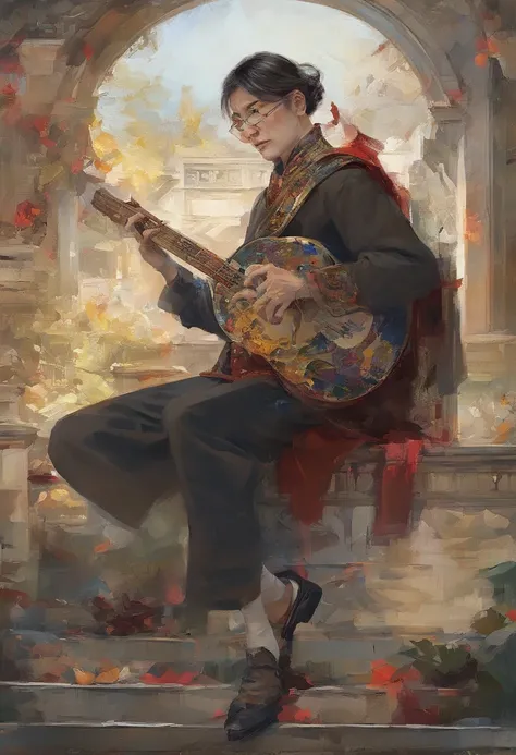 Manhwa Style，Rock puppy，Trendy clothing，wears dark glasses，plays the guitar，Madness，Fluttering musical symbols，ball room，lamplight，Spotlights，8K，super-fine，full bodyesbian，best qualtiy，独奏