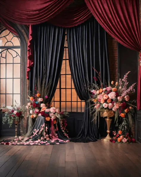 there is a large window with a curtain and a bunch of flowers, stunning arcanum backdrop, draped in velvet and flowers, background made of big curtains, ornate backdrop, dark and moody colors, ornate and intricate backdrop, baroque style painting backdrop,...