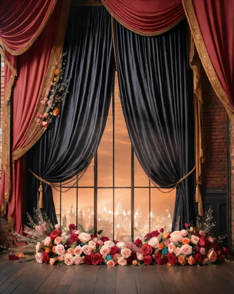 there is a large window with a curtain and a bunch of flowers, stunning arcanum backdrop, draped in velvet and flowers, background made of big curtains, ornate backdrop, dark and moody colors, ornate and intricate backdrop, baroque style painting backdrop,...