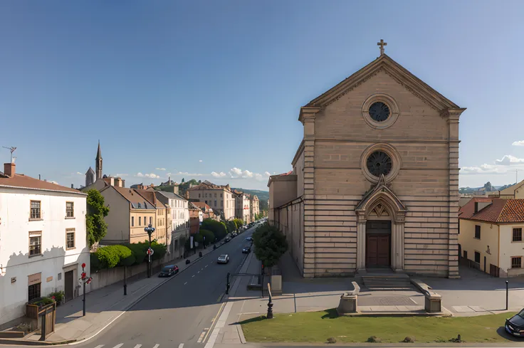 a realistic photo of the 19th century, the facade of a gothic church on the right, several roads with many calashes, hyperrealsitic