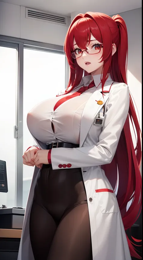 Girl, big boobs, red hair, long hair, white eyes, doctor, labcoat, lab, lab glasses, toxic, danger fluid