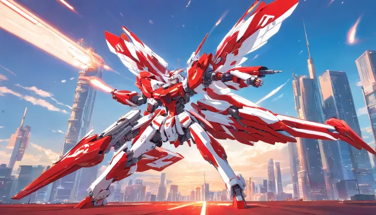 Female red and white cyborg mech，holding gun，Complex mechanical structure，Mecha articulated wing metallic luster，Fly in the sky