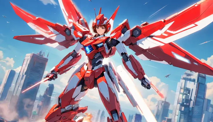 Female red and white cyborg mech，holding gun，Complex mechanical structure，Mecha articulated wing metallic luster，Fly in the sky