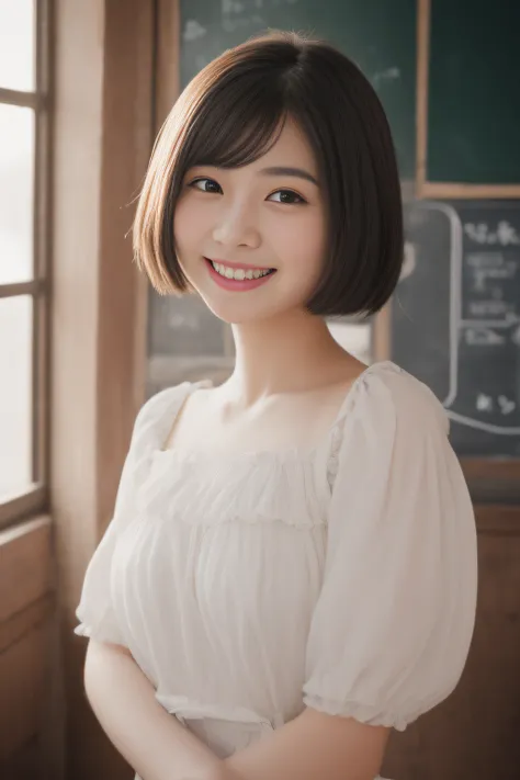 ((8k picture:1.27、top-quality、​masterpiece、超A high resolution:1.2))、 A cute Japanese woman, in her 20s、(Beautiful fece:1.1)、1girl in、High School Teacher、White blouses、a miniskirt、Attractive erotic panties、(a large bust:1.5)、cleavage of the breast、Seductive...