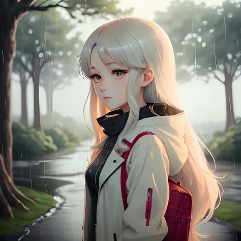 Anime girl with long hair and Ethereum in her hair, beautiful anime artwork, style of anime4 K, anime art wallpaper 4k,rainy day，windows，the woods，rain drops