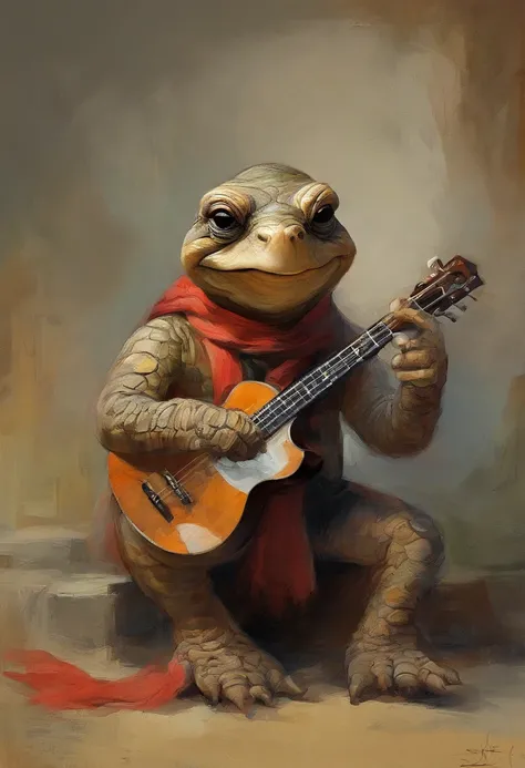 Manhwa Style，anthropomorphic turtle，o cachorrinho，Rock puppy，Trendy clothing，wears dark glasses，plays the guitar，Madness，Fluttering musical symbols，ball room，lamplight，Spotlights，8K，super-fine，full bodyesbian，best qualtiy，独奏