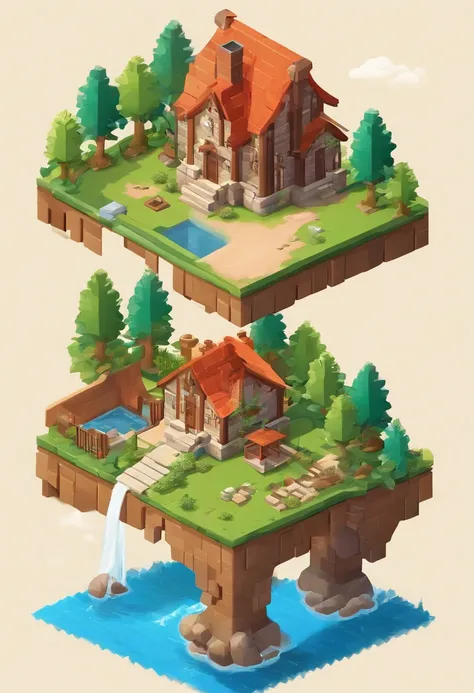 Small house behind the lake, best quality, fantasy, isometric, knolling style of (miniature brick round tower:1.2), tree, stone wall, (simple background:1.2)