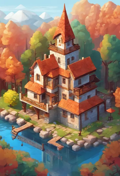 Small house behind the lake, best quality, fantasy, isometric, knolling style of (miniature brick round tower:1.2), tree, stone wall, (simple background:1.2)