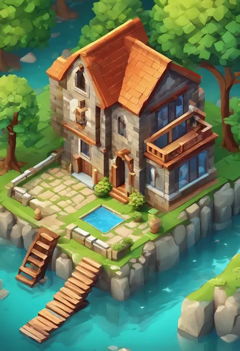 Small house behind the lake, best quality, fantasy, isometric, knolling style of (miniature brick round tower:1.2), tree, stone wall, (simple background:1.2)