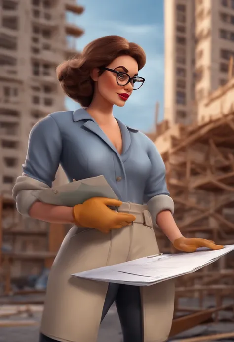 Make a woman with glasses,
She has a clipboard in her hand looking at a construction site in the condominium where she is a trustee,
Tipo de desenho Disney,
Shes worried about the work,
Pixar, 3D, Disney