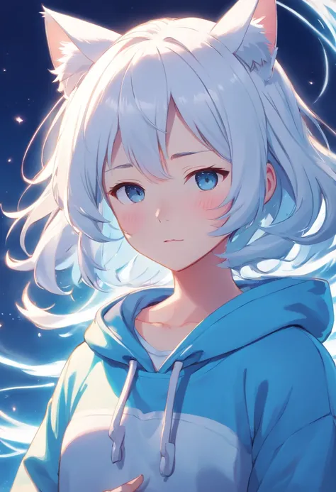 white hair, blue highlights, wavy white hair, porcelain skin, closed eyes, light blue cat hoods, light blue sweatshirt, little loli girl, cute anime girl, looking at viewer, masterpiece, high quality