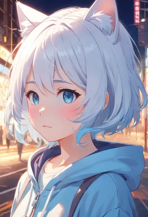 white hair, blue highlights, wavy white hair, porcelain skin, closed eyes, light blue cat hoods, light blue sweatshirt, little loli girl, cute anime girl, looking at viewer, masterpiece, high quality