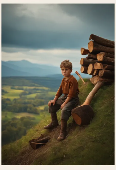 simple boy on top of a hill with an ax and a pile of wood beside