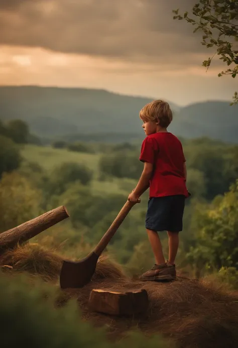 simple boy on top of a hill with an ax and a pile of wood beside