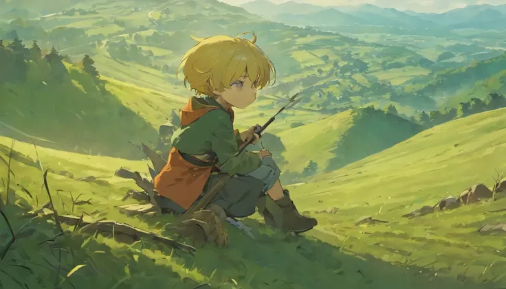 simple boy on top of a hill with an ax and a pile of wood beside