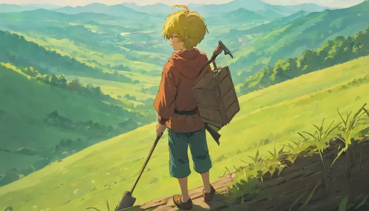 simple boy on top of a hill with an ax and a pile of wood beside