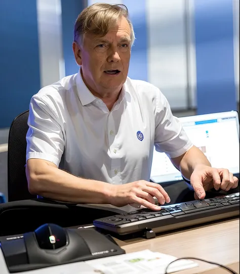 There is a man sitting at a table with a keyboard and mouse, sentado na mesa no teclado, sentado em uma mesa de computador, sentado em um computador, david rios ferreira, sentado em frente ao computador, sentado em sua mesa, gui guimaraes, na frente de um ...