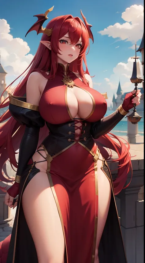 Girl, big boobs, red hair, long hair, white eyes, dragon arm, dragon wings, scale, castle, chain