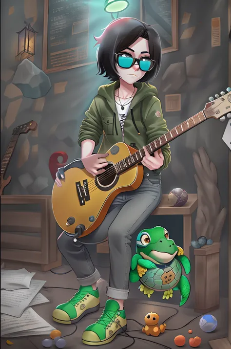 Manhwa Style，anthropomorphic turtle，o cachorrinho，Rock puppy，Trendy clothing，wears dark glasses，plays the guitar，Madness，Fluttering musical symbols，ball room，lamplight，Spotlights，8K，super-fine，full bodyesbian，best qualtiy，独奏