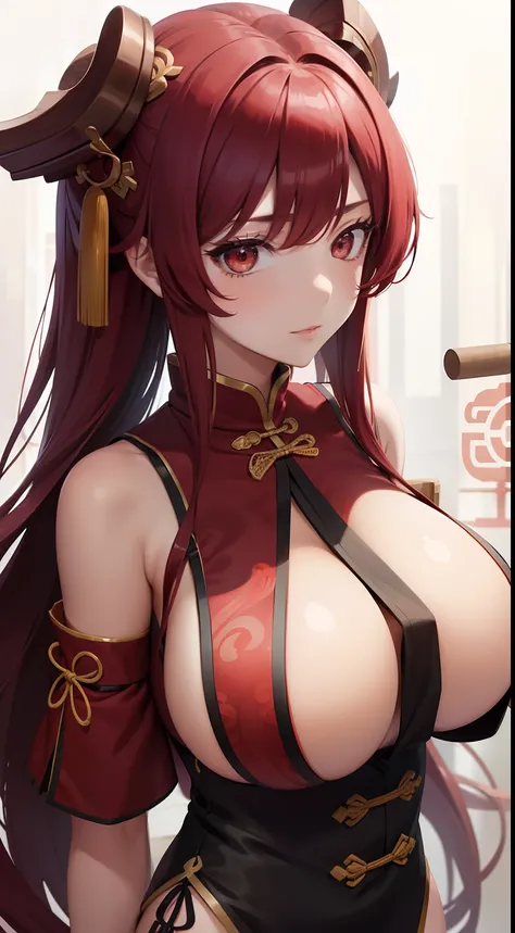 Girl, big boobs, red hair, long hair, white eyes, ramen, Chinese clothes, calligraphy