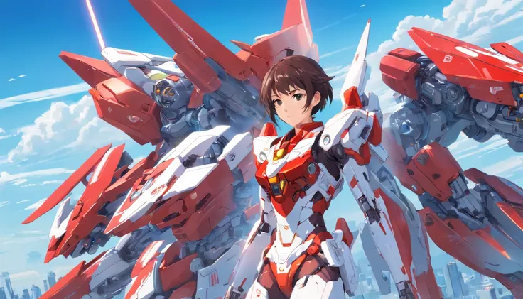 Female, mature face, red and white cyborg mech，holding gun，Complex mechanical structure，Mecha articulated wing metallic luster，Fly in the sky