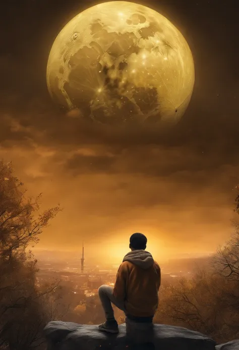 boy gazing at full yellow orange moon with sad broken heart