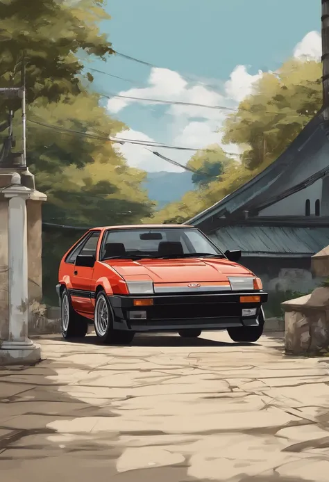 Vista de cima da lateral do Toyota AE86, estilo anime nos anos 90, arte detalhada do anime, Arte de anime vintage dos anos 90, detailed representation of Toyota AE86 traditional anime shading, Art with a retro vibe, nostalgia, Clean and crisp details, arte...