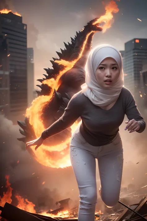 The heroine of the movie "GODZILLA Godzilla". A malay woman in hijab desperately fleeing from Godzilla in a devastated Los Angeles, hijab disheveled, white plain tshirt stained, white leggings torn, running through rubble. Crumbling buildings, burning flam...