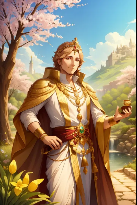 An image of a wealthy king, wearing a jeweled crown and other jewelry, holding coins in hand, background is springtime landscape, mood is productive constructive, bravery, power, daytime light, character design.