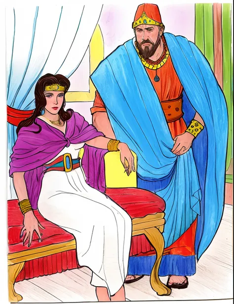 um desenho de uma mulher sentada em uma cama ao lado de um homem, desenho colorido, Rainha e governante do universo, inspirado em Henry Justice Ford, Directed by: Juan OGorman, full-colour illustration, biblical art style, tom de tela colorido, inspired by...