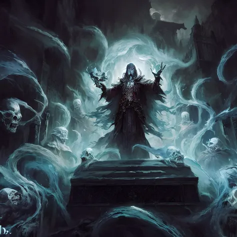 a painting of a man in a dark robe standing in front of a grave, lich vecna (d&d), ghostly necromancer, d & d lich, lich, dark fantasy horror art, an ominous fantasy illustration, portrait of a holy necromancer, dark fantasy artwork, undead lich, fantasy h...