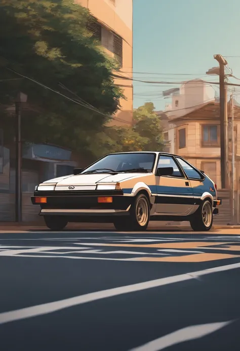 Vista de cima da lateral do Toyota AE86, estilo anime nos anos 90, arte detalhada do anime, Arte de anime vintage dos anos 90, detailed representation of Toyota AE86 traditional anime shading, Art with a retro vibe, nostalgia, Clean and crisp details, arte...