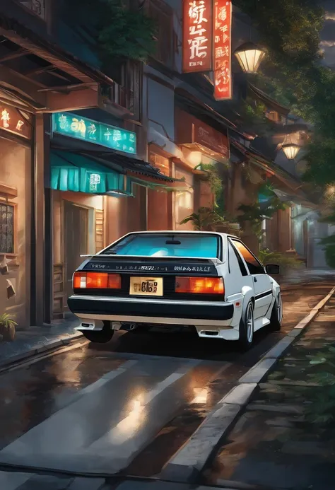 Vista de cima de um Toyota AE86, estilo anime nos anos 90, arte detalhada do anime, Arte de anime vintage dos anos 90, detailed representation of Toyota AE86 traditional anime shading, Art with a retro vibe, nostalgia, Clean and crisp details, arte com sen...