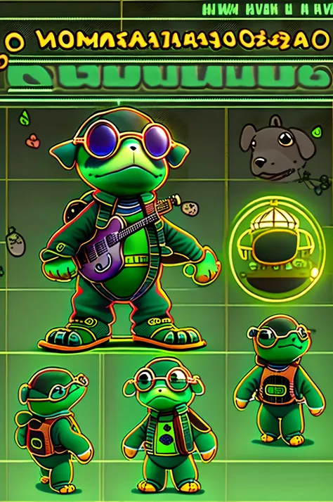 anthropomorphic turtle，o cachorrinho，（Rock puppy：1.4），Trendy clothing，wears dark glasses，plays the guitar，Madness，Fluttering musical symbols，ball room，lamplight，Spotlights，8K，super-fine，full bodyesbian，best qualtiy，独奏