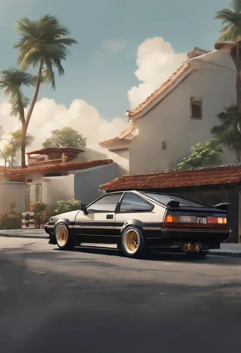 Vista lateral de um Toyota AE86, estilo anime nos anos 90, arte detalhada do anime, Arte de anime vintage dos anos 90, sombreamento de anime tradicional, Art with a retro vibe, nostalgia, Clean and crisp details, arte com senso de movimento, alto contraste...