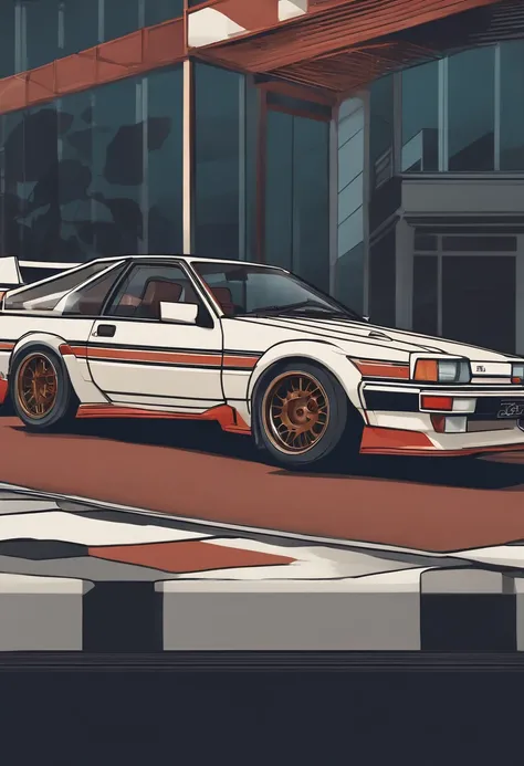 Vista lateral de um Toyota AE86, estilo anime nos anos 90, arte detalhada do anime, Arte de anime vintage dos anos 90, sombreamento de anime tradicional, Art with a retro vibe, nostalgia, Clean and crisp details, arte com senso de movimento, alto contraste...