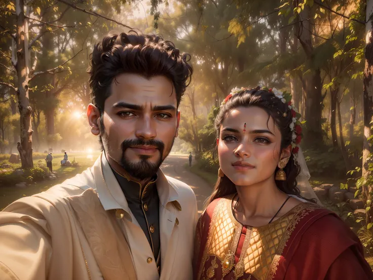 8k, ultra realistic, highly detailed, masterpiece, award winning picture, a couple, wedding portrait, indian style wedding,groom & bridal, standing,near , bonfire,wear wedding dress,sun set ,in marriage garden, tress, --auto --s2