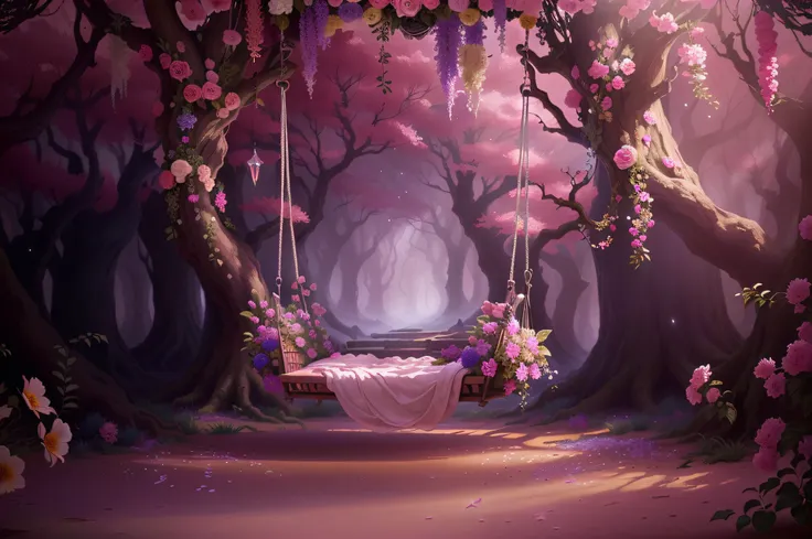 there is a swing with flowers hanging from it in a dark room, magical fairy background, magical forest backround, enchanted magical fantasy forest, very magical and dreamy, magical background, photograph of enchanted garden, beatiful backgrounds, fairy tal...