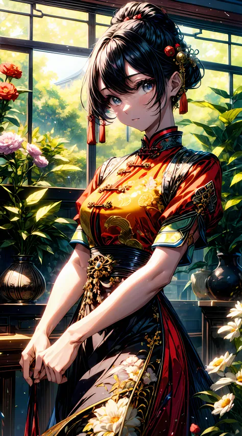 (masterpiece, CGI:1.4), (Chinese child with traditional hairstyle:1.2), (wearing a vibrant red qipao:1.4), (eyes glowing with vibrant yellow color:1.2), (surrounded by a garden full of colorful flowers:1.2), (meticulously styled traditional hairstyle:1.2),...