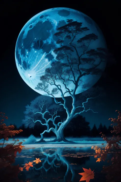 High gothic tim Burton style large beautiful oak tree with fall autumn leaves over large clear blue lake with large big midnight blue full moon contrasting colors ultra-colorful background intricate motifs perfect composition masterpiece insanely-detailed ...