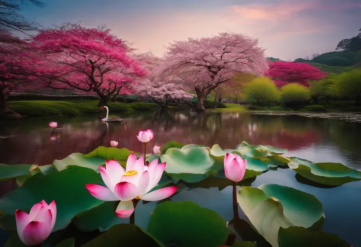 Lotus Flower, boiando em um lago tranquilo, sakura tree in background, casal de cisnes, Paisagem Japonesa, Centralizado, cores relaxantes,