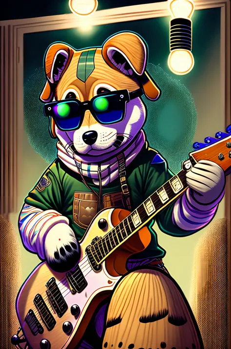 comic strip，anthropomorphic turtle，o cachorrinho，（Rock puppy：1.4），Trendy clothing，wears dark glasses，plays the guitar，Madness，Fluttering musical symbols，ball room，lamplight，Spotlights，8K，super-fine，full bodyesbian，best qualtiy，独奏