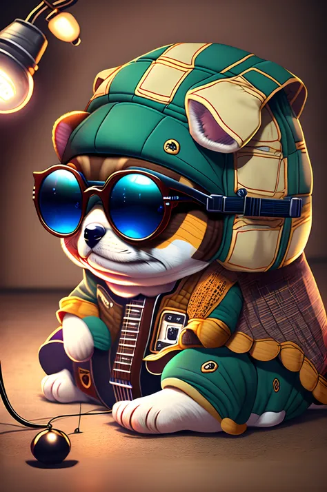 comic strip，anthropomorphic turtle，o cachorrinho，（Rock puppy：1.4），Trendy clothing，wears dark glasses，plays the guitar，Madness，Fluttering musical symbols，ball room，lamplight，Spotlights，8K，super-fine，full bodyesbian，best qualtiy，独奏