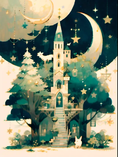 (((masterpiece))),best quality, whitetown, moon, star (symbol), tree, 1girl, crescent moon, painting (medium), solo, pixel art, ...