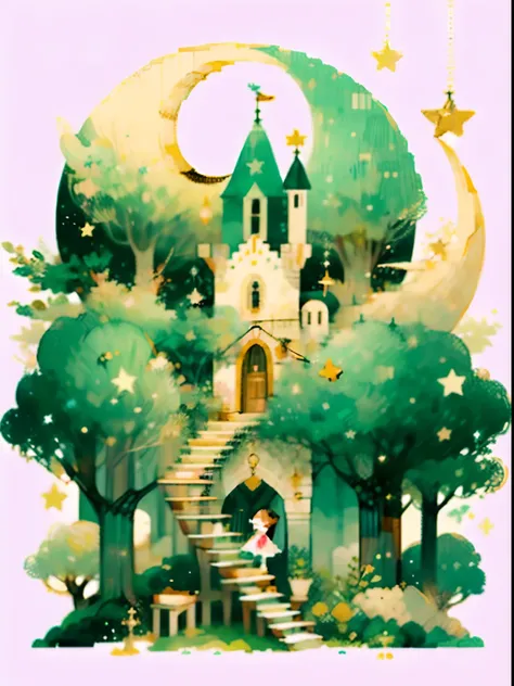 (((masterpiece))),best quality, whitetown, moon, star (symbol), tree, 1girl, crescent moon, painting (medium), solo, pixel art, pixai