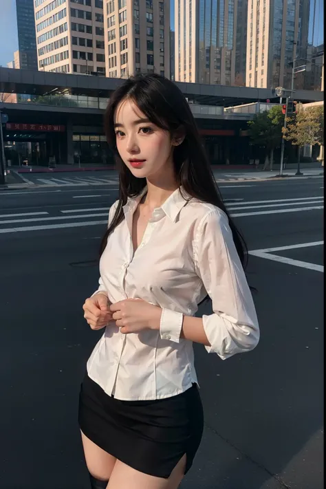 8k, Best Quality, (Beauty), High Definition, Realistic, Real Person, Full Body Portrait, Delicate Face, Cute Face, 25 Year Old Woman, Slim Figure, Small Bust, Office Uniform, Office Clothes, Black Stockings, Outdoor Scene, Sedentary