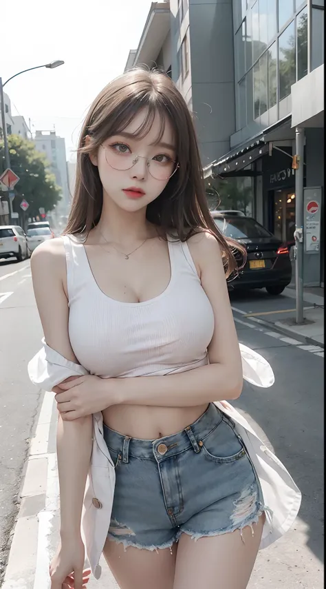 Top image quality、Raw photography、超A high resolution、18-year-old Korean、Glasses beauty、Colossal tits:1.5、cleavage of the breast:1.5、Healthy complexion、shiny white skin、(long)、((Light brown silver hair))、Beautiful eyes with random colors、very thin lips、beau...